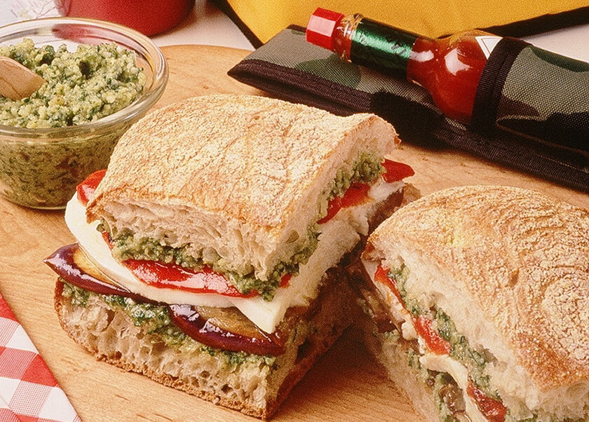 Eggplant and Mozzarella Sandwiches with Pesto Spread