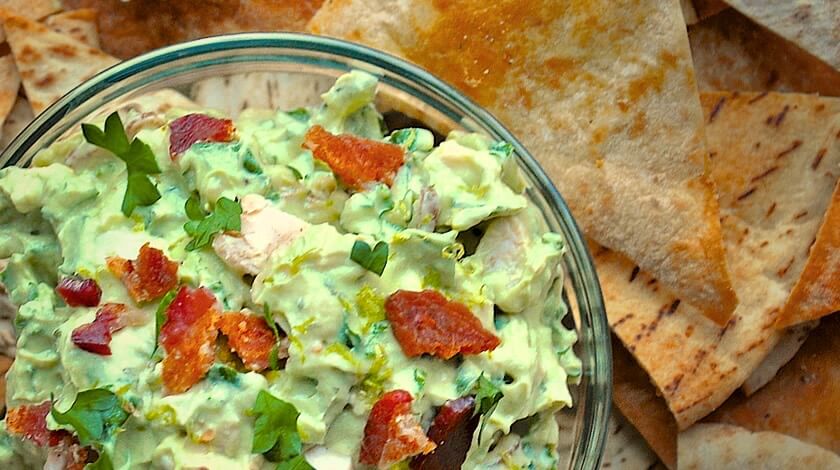 “Green with Envy” Chicken ’n Ranch Guacamole with Warm Ranch Pita Crisps