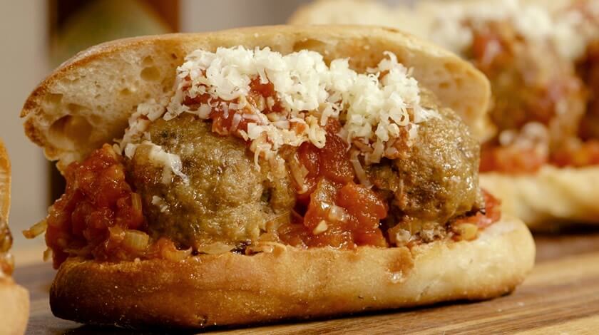 Cheesy Meatball Sandwiches with Chipotle Tomato Sauce