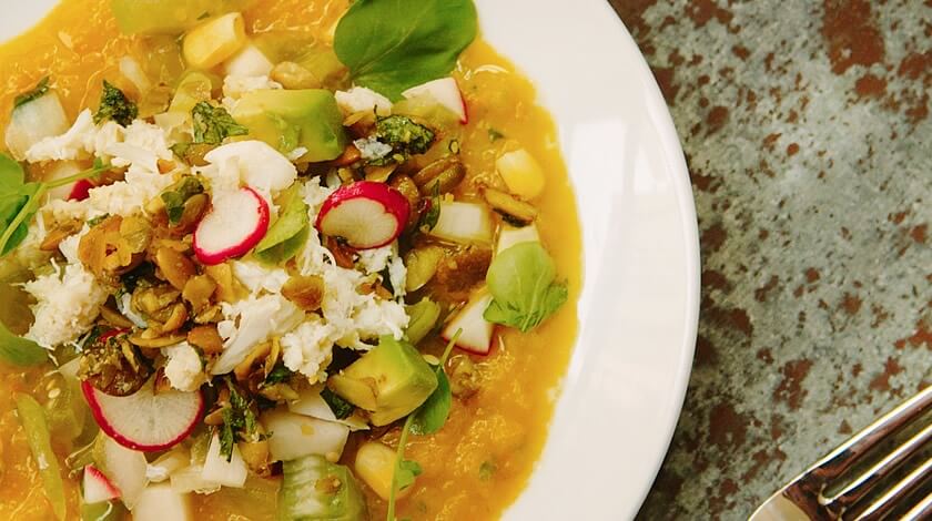 Jalapeño & Yellow Tomato Crab Salad with Pumpkin Seed Dressing