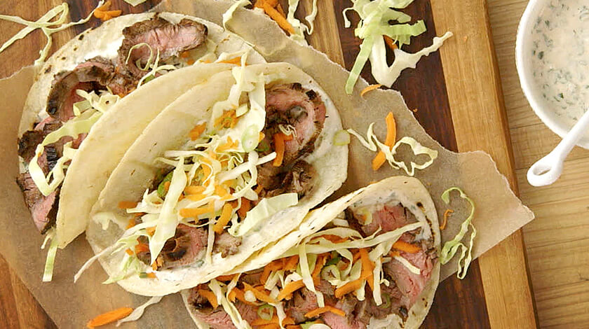 Spicy Steak Tacos with Chipotle and Lime Yogurt Dressing