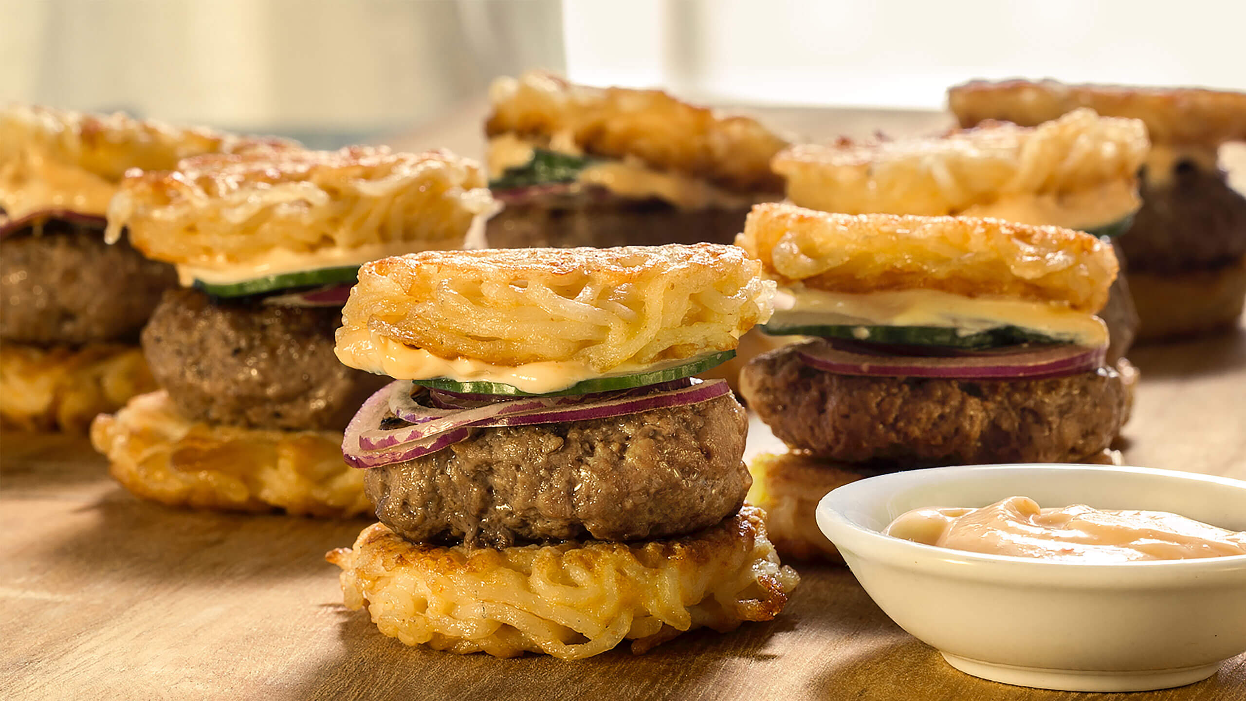 Sriracha Ramen Burger Sliders with Spicy Mayo