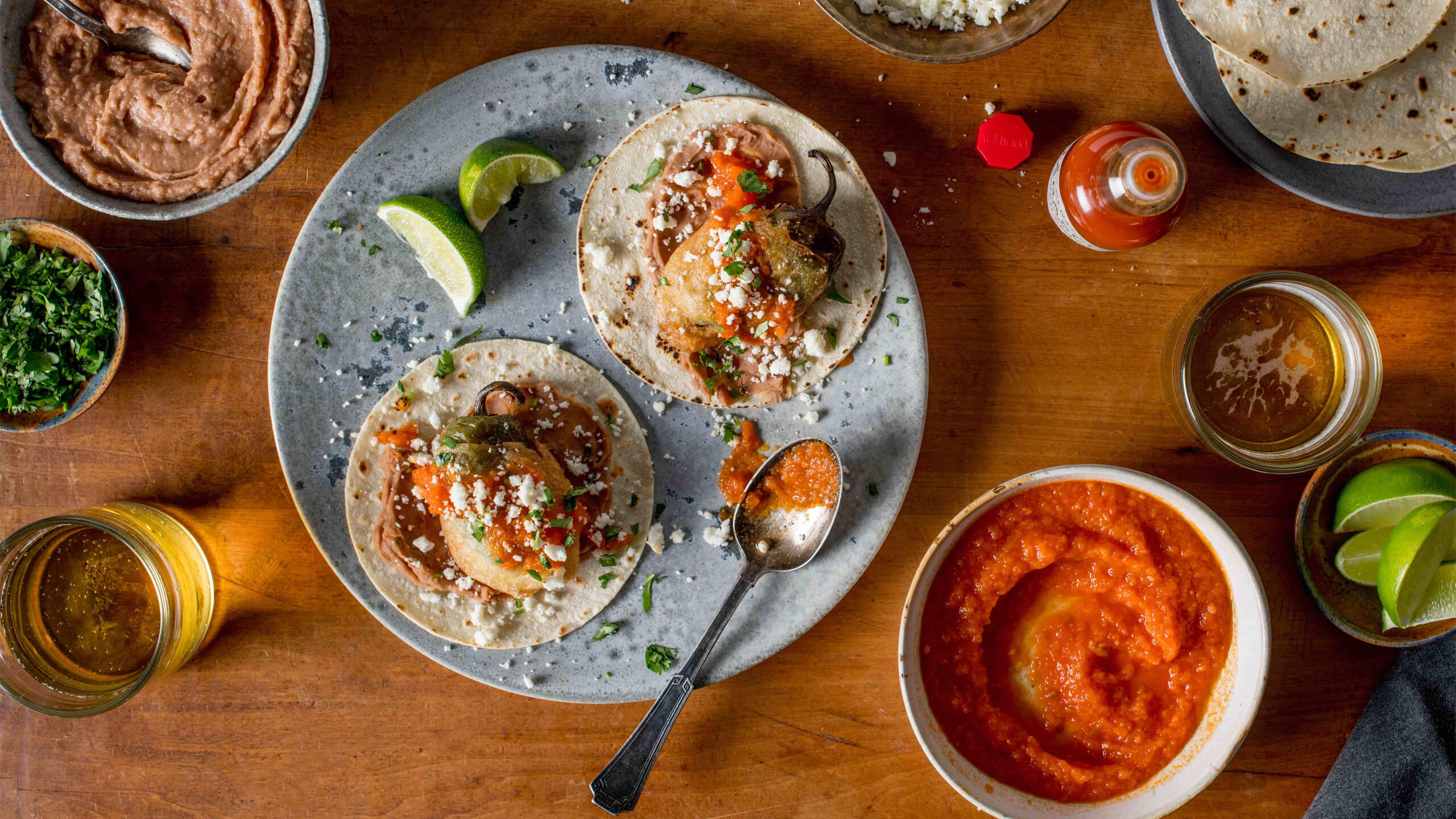 Chicken-Stuffed Chile Relleno Tacos with Spicy Tomato Sauce