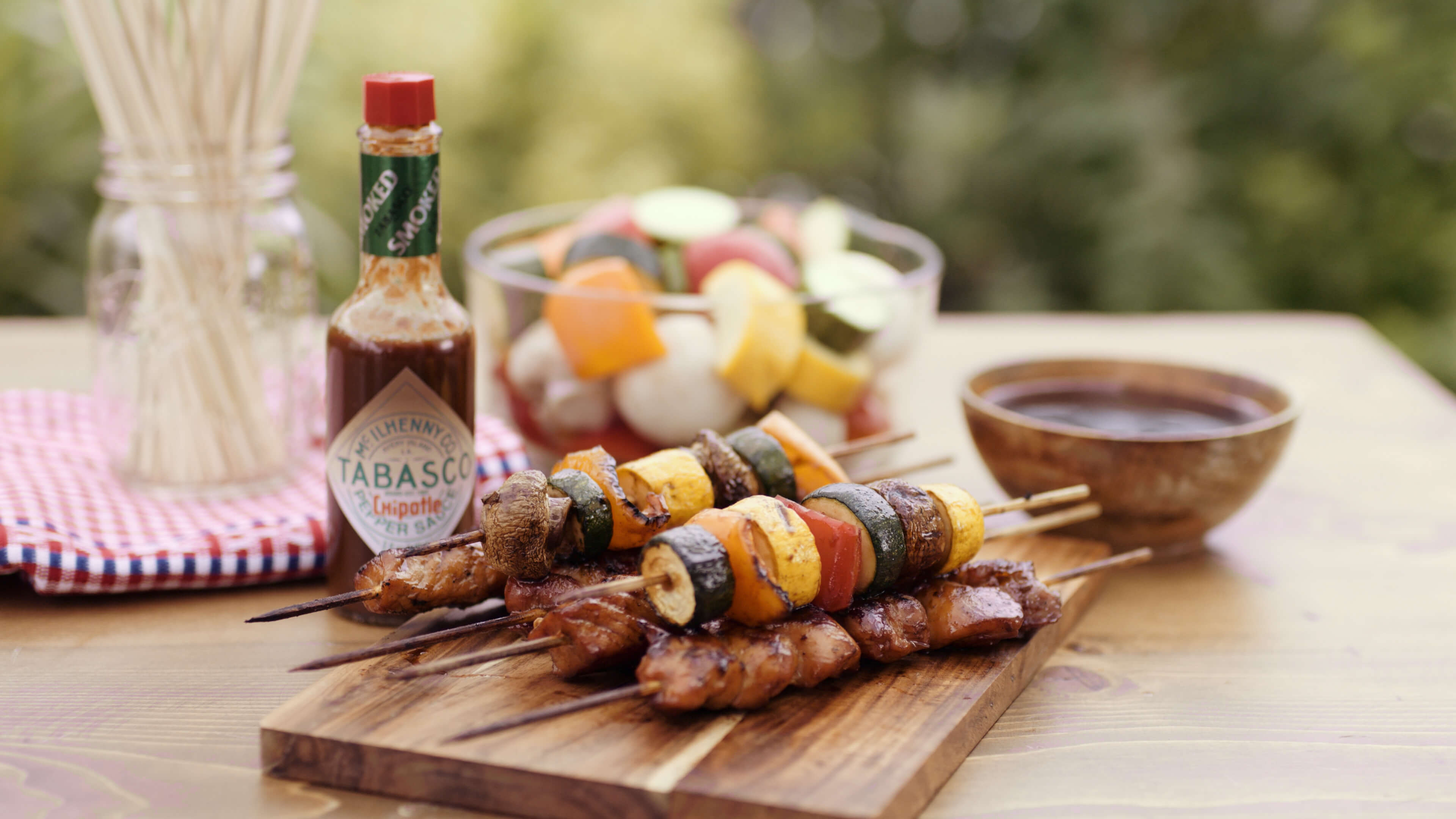 Sweet & Smoky Chicken, Pork, and Veggie Kebabs