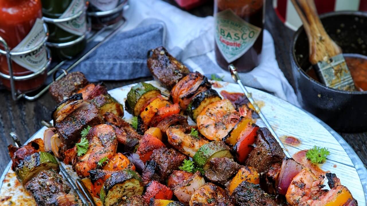 Chipotle-Spiced Pacific Prawn and Piedmontese Ribeye Skewers