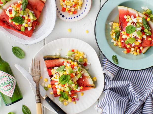 Grilled Watermelon Steaks with Avocado, Corn & Feta Grilled Watermelon Steaks with Avocado, Corn & Feta
