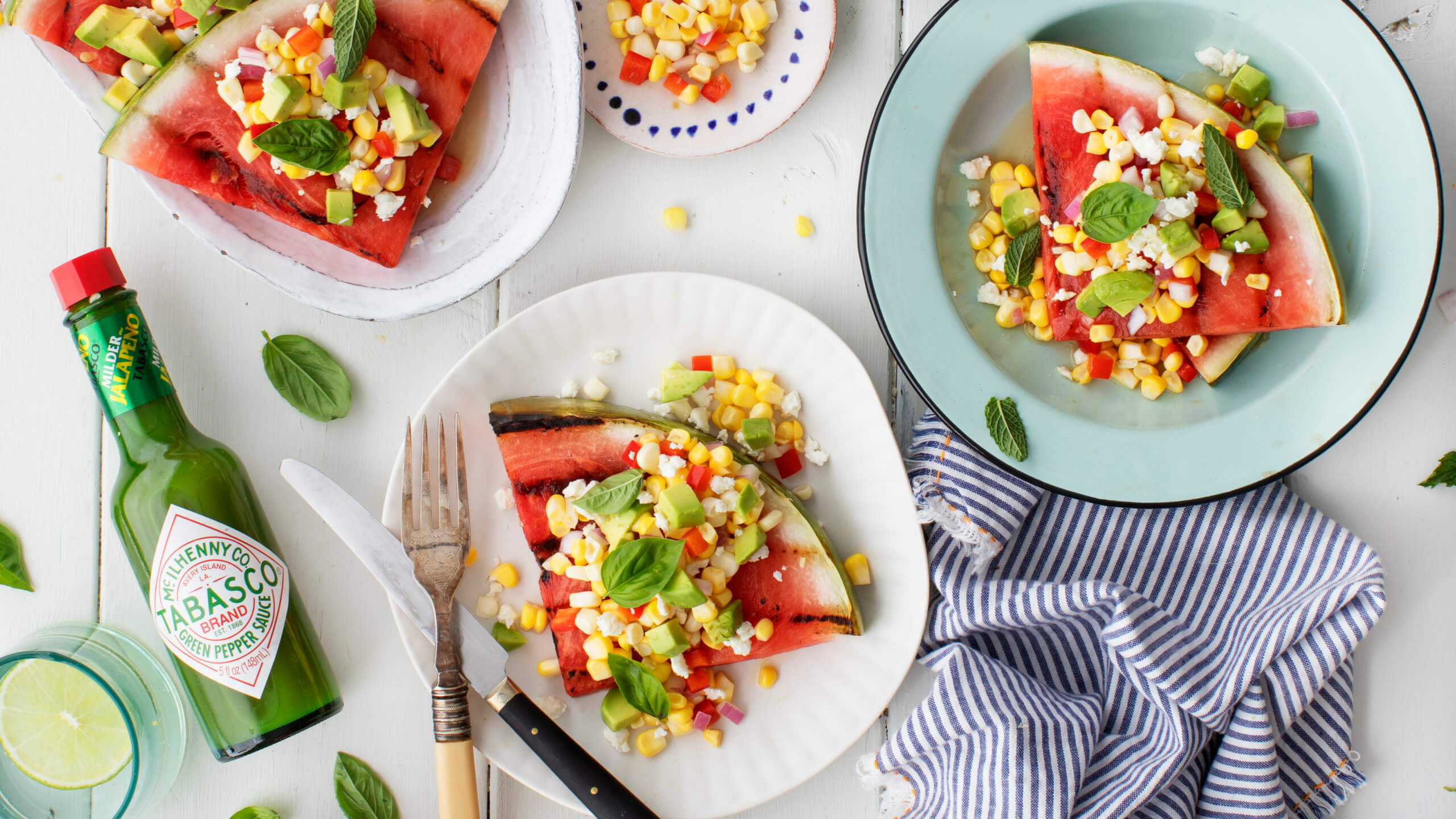 Grilled Watermelon Steaks with Avocado, Corn & Feta