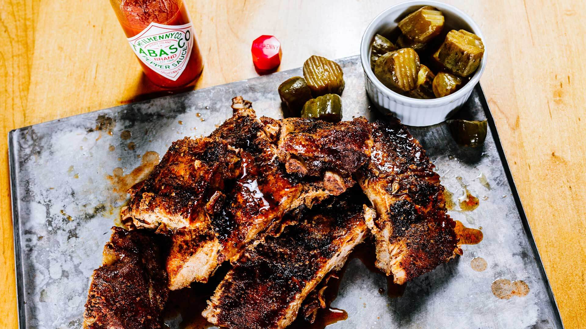 Beer and Hot Sauce-Braised Pork Ribs and Double-Dill Pickles