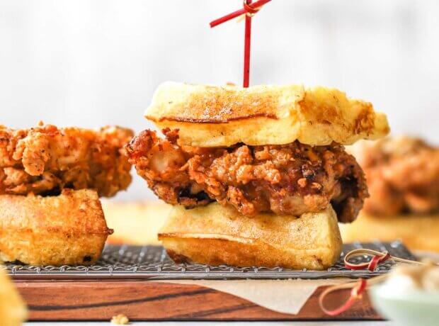 Spicy Chipotle Fried Chicken and Cornbread Waffle Sliders