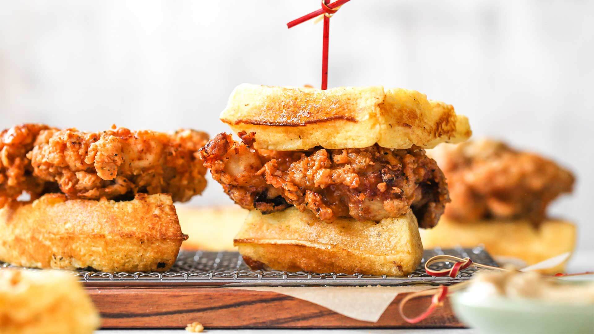 Spicy Chipotle Fried Chicken and Cornbread Waffle Sliders