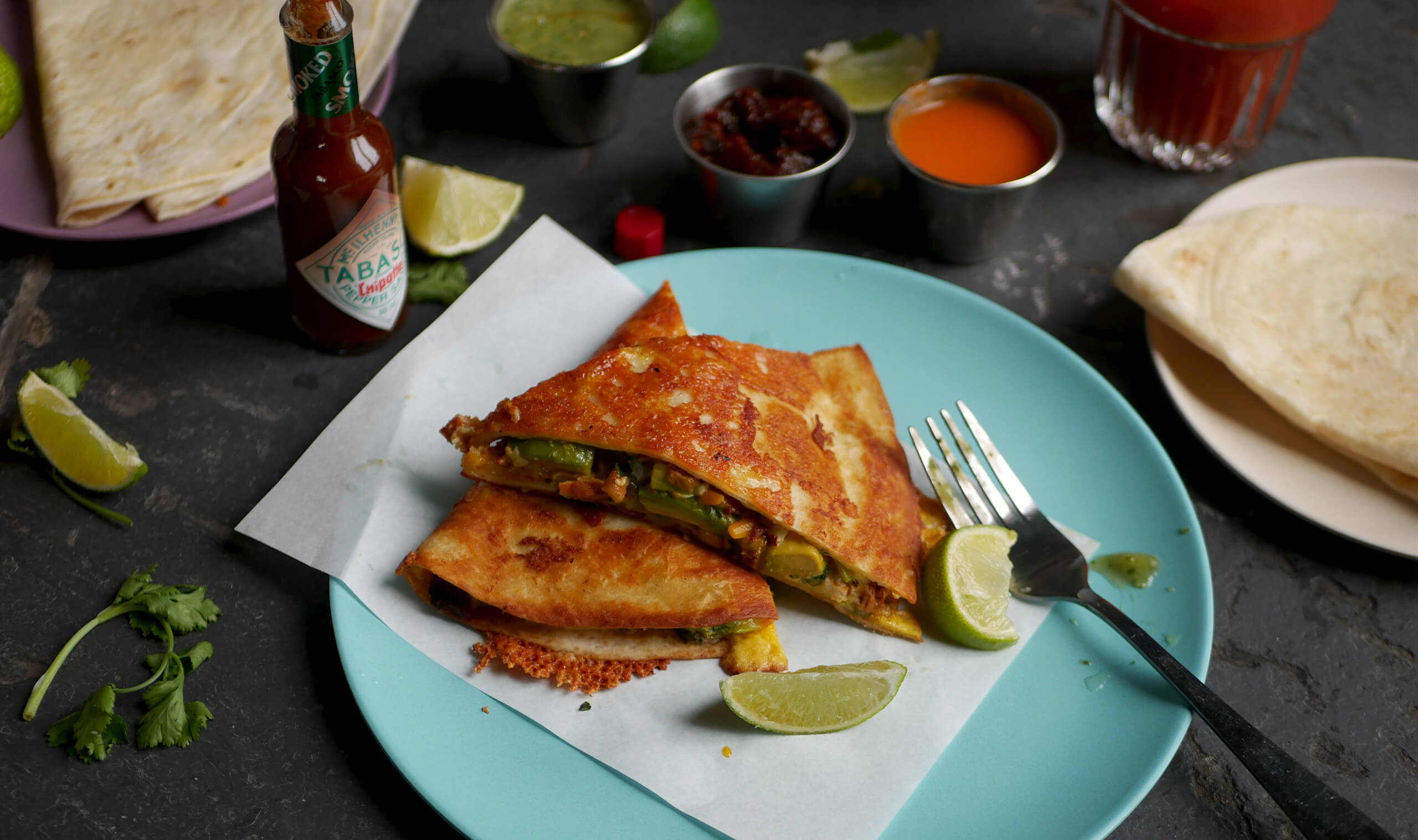 Egg Quesadilla with Fresh Avocado, Lime and Chorizo