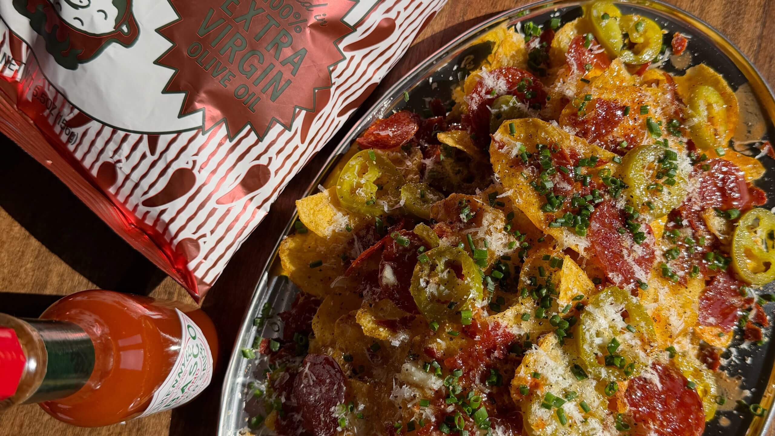 Crispy Pepperoni and Pecorino Hot N' Sweet Graza Chip Stack with TABASCO® Sauce