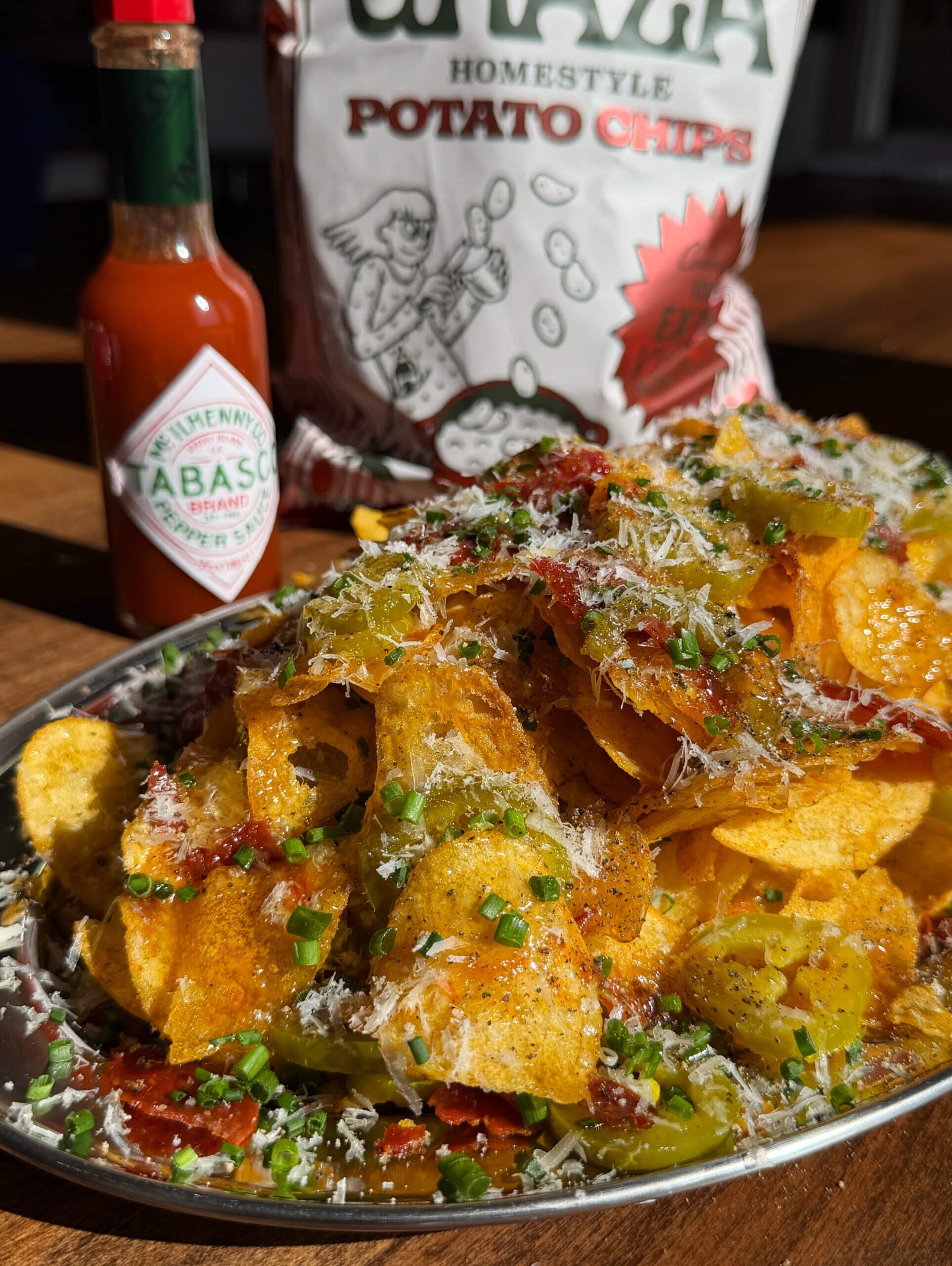 Crispy Pepperoni and Pecorino Hot N' Sweet Graza Chip Stack with TABASCO® Sauce