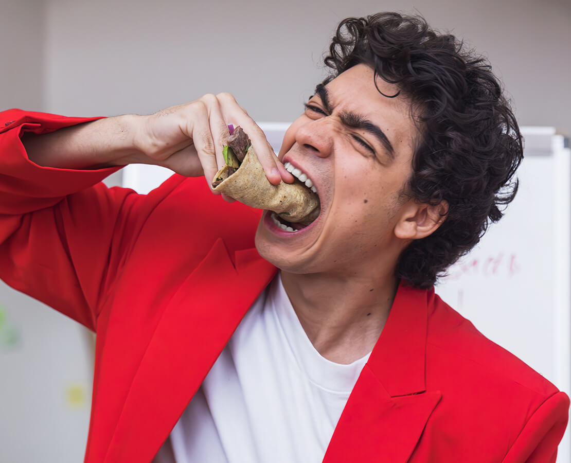 Iñaki as CHIP eating taco
