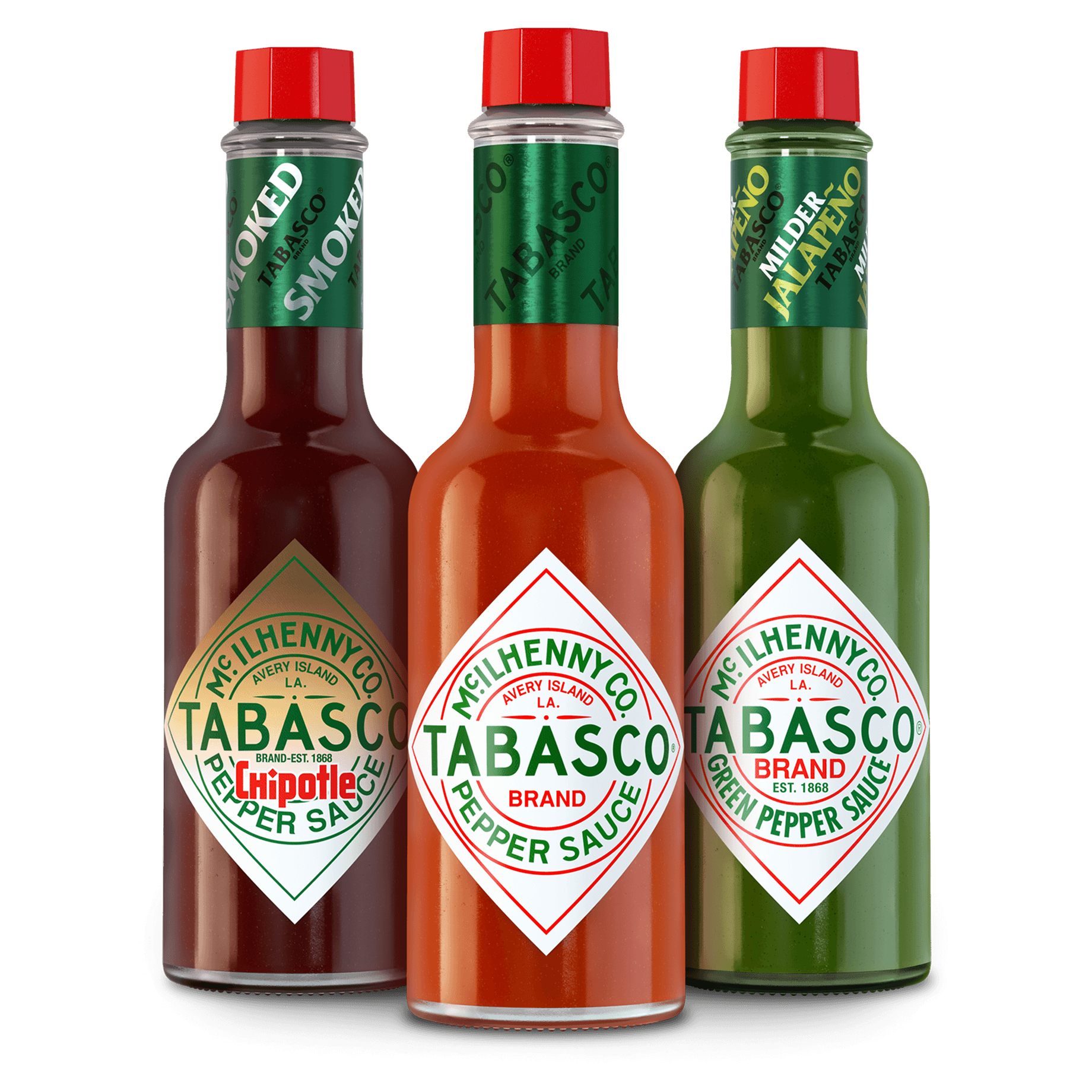 TABASCO® Band Original Red Sauce, TABASCO® Brand Green Pepper Sauce and TABASCO® Brand Chipotle Pepper Sauce